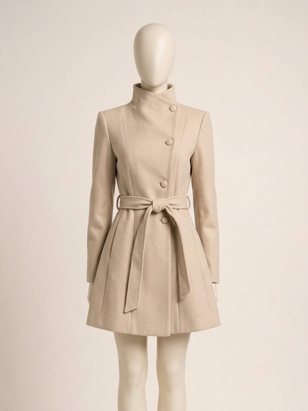 Chic Saver Boutique Creme Beige Tie Waist A-Line Midi Coat Stand Collar S